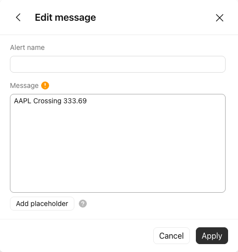 TradingView alert Message editor with a default AAPL Crossing price message