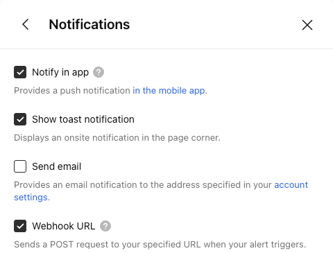 TradingView alert Notifications with app, toast, email and Webhook URL controls